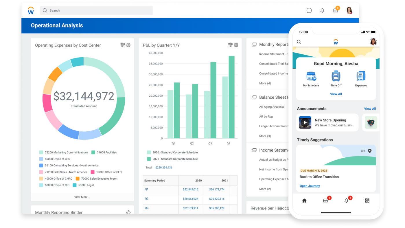 Desktop view of financial management operational analysis dashboard showing operating expenses by cost center and mobile view of human capital management home screen showing suggested tasks and announcements.