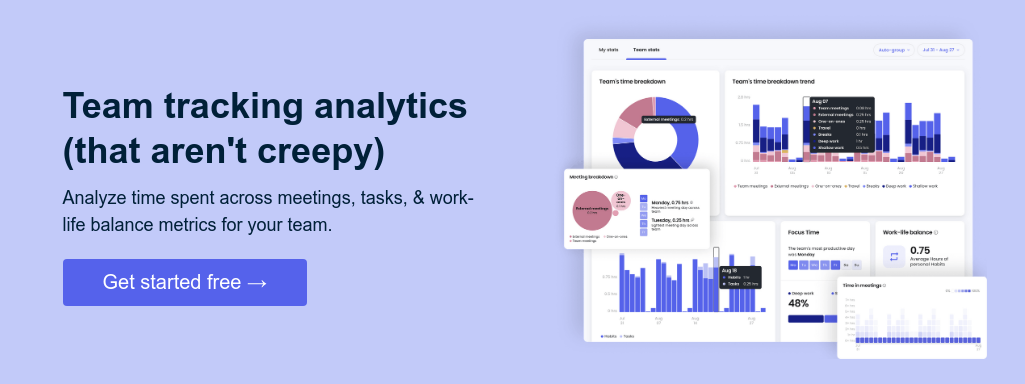 Team tracking analytics (that aren't creepy)   Analyze time spent across meetings, tasks, & work-life balance metrics for your team.