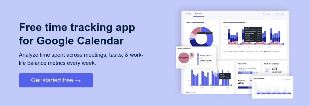 Free time tracking app for Google Calendar   Analyze time spent across meetings, tasks, & work-life balance metrics every week.